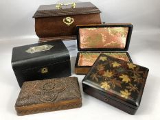 Collection of five wooden boxes of varying designs, some with internal trays, the largest with key