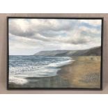 SUE LEWIN (British, 20th/21st Century), oil on canvas of Charmouth Beach, signed and framed,