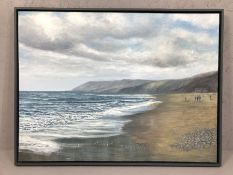 SUE LEWIN (British, 20th/21st Century), oil on canvas of Charmouth Beach, signed and framed,