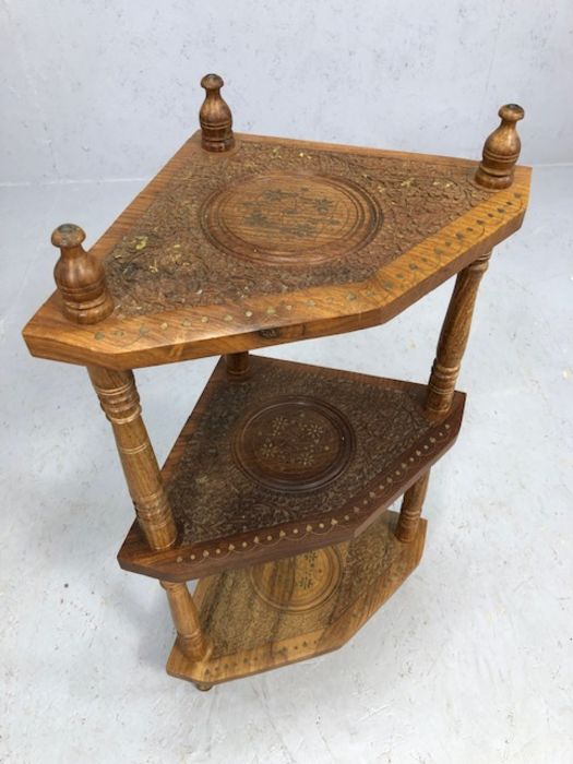 Coffee table on ball and claw feet with a Japanese folding stand and Indian carved and inlaid corner - Image 5 of 6