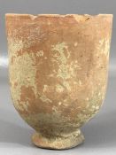 Large pottery chalice / cup on single footed base, approx 11cm in height x 9cm in diameter, one line