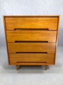 Mid Century chest of four drawers by Stag on tapering feet, approx 76cm x 46cm x 92cm tall