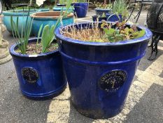 Two blue glazed garden pots by Heritage Garden Pottery