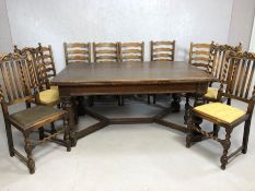 Large heavily carved oak refectory table with baluster legs, approx 167cm x 104cm x 77cm tall,