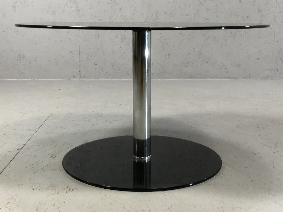 Modern black glass and chrome circular coffee table, approx 65cmin diameter x 39cm tall - Image 2 of 5