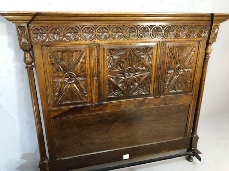 Ornately carved wooden Breton marriage bed, base frame approx 139cm wide x 195cm in length - Image 4 of 6