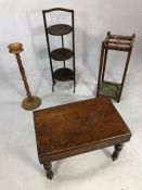 Collection of wooden items to include stick stand, cake stand and a low table
