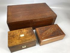 Collection of three wooden boxes, lined and with brass fittings, one with internal tray, the largest