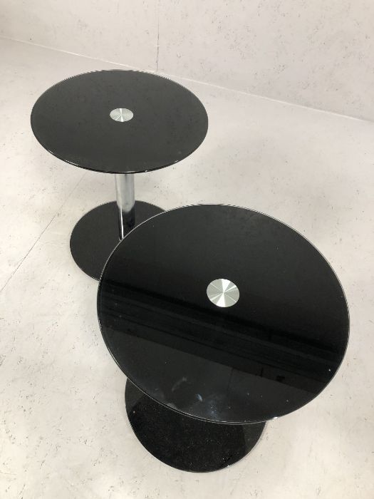 Pair of modern black glass and chrome nests of two tables, largest of each approx 45cm x 35cm x 50cm - Image 2 of 4