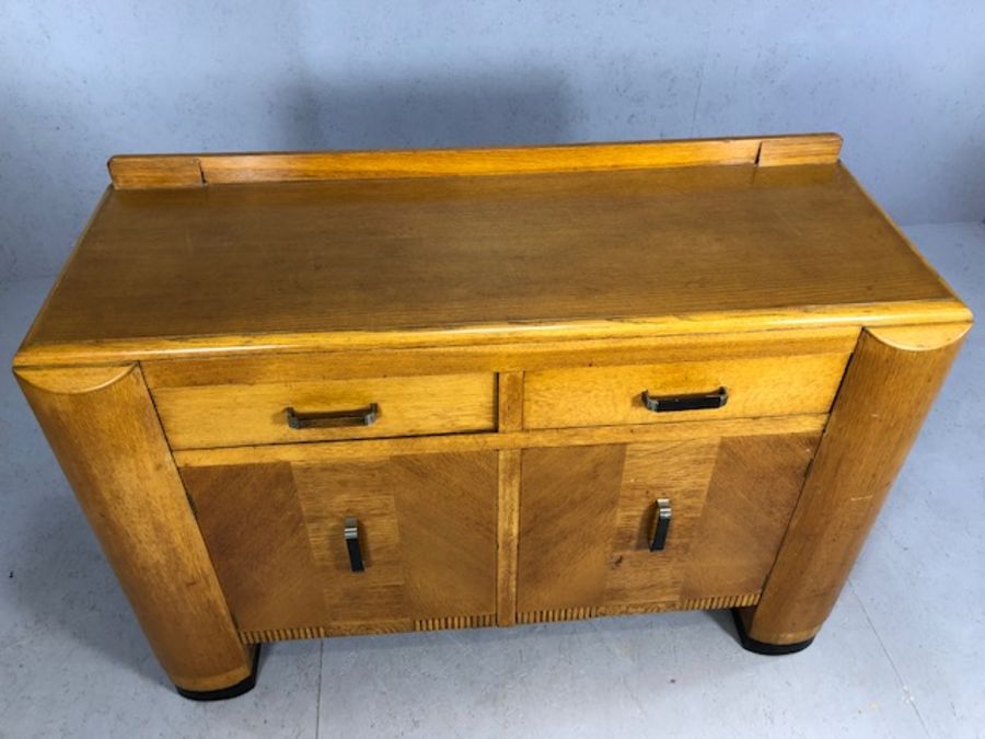 Pine Art Deco style sideboard and drinks cabinet with dropdown cupboards to either end, two drawers, - Image 2 of 7