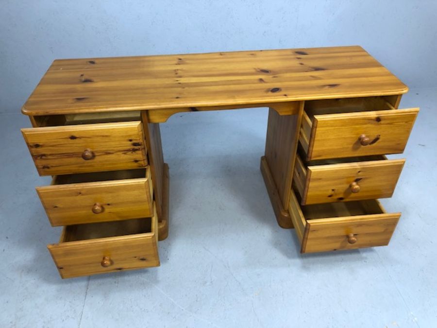 Pine dressing table or desk with three drawers either side, with stool - Image 3 of 6