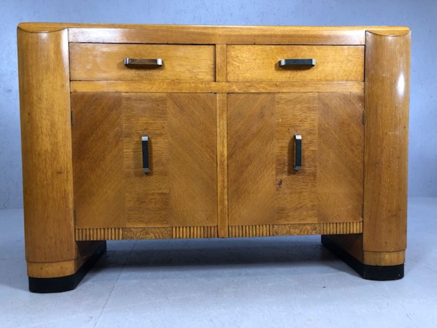 Pine Art Deco style sideboard and drinks cabinet with dropdown cupboards to either end, two drawers, - Image 3 of 7