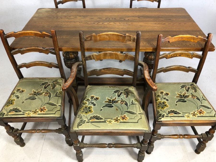 Oak dining table with heavily carved baluster legs and cross stretcher, with one carver and four - Image 3 of 5