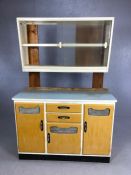 Mid Century kitchen unit with two drawers, three cupboards and cupboard over with sliding glass
