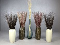 Modern Interiors: Collection of five tall contemporary vases, each with faux grasses, the tallest