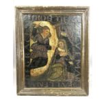 Wooden framed icon, oil on canvas on board, depicting two figures, one with white bird, bordered