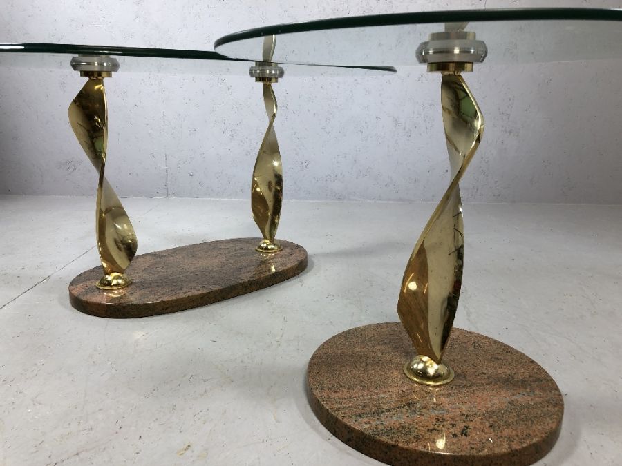 Modern glass oval coffee table on twisted gold coloured legs with marble plinth and matching - Image 3 of 5