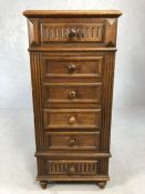 Unusual flight of six oak drawers with a marble top, on turned feet, approx 41cm x 39cm x 90cm tall