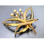 9ct Gold Brooch set with seed pearls approx 5 x 5cm and 7.7g