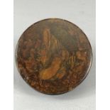 19th Century lidded burr walnut snuff box depicting the head of a lady with two faces each one