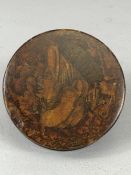 19th Century lidded burr walnut snuff box depicting the head of a lady with two faces each one