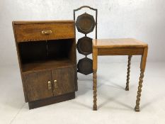 Three pieces of vintage furniture: a cabinet / bedside, an occasional table with barley twist legs