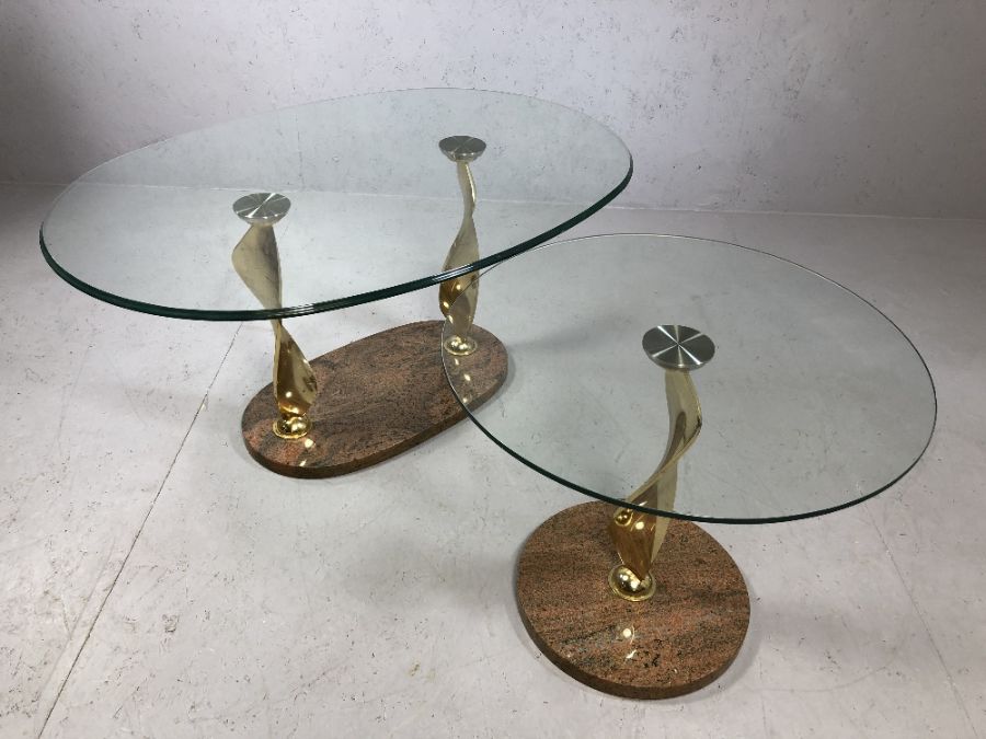 Modern glass oval coffee table on twisted gold coloured legs with marble plinth and matching - Image 5 of 5