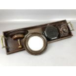 Small collection of treen to include tray with brass handles, an octagonal box with hinged lid, a