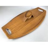 Large Danish Mid Century Staved Teak 'surfboard' tray by Jens Harald Quistgaard, twin handles with