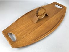 Large Danish Mid Century Staved Teak 'surfboard' tray by Jens Harald Quistgaard, twin handles with