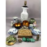 Collection of Chinese curios to include decorative eggs, carved stone items, a stamp, carved box,