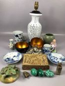 Collection of Chinese curios to include decorative eggs, carved stone items, a stamp, carved box,