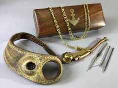 Boxed Boatswains whistle on chain and an original Sailors leather thumb strap and various needles