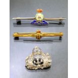Three Military Pins: Gold coloured RAF, Sterling Silver & Enamel Lancashire Fusiliers & Marcasite
