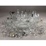 Good large collection of glassware to include decanters, wine, liqueur and sherry glasses, vases,