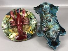 Palissy ware majolica lobster plate, approx 19cm in diameter, along with a majolica wall plaque in