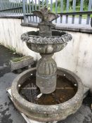 Very large, very heavy stone (possibly granite) garden fountain and birdbath surmounted by doves,