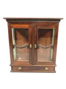 Mahogany display cabinet with glass doors, drawer under, with brass furniture and original key and