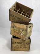 Three vintage wooden beer crates, marked 'Wadworth Brewers, Devizes', each approx 39cm x 29cm x 29cm