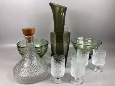 Nine pieces of Whitefriars Glassware, several by Baxter to include Decanter and four matching