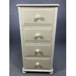 Tall white painted chest of four deep drawers on bun feet, approx 56cm x 52cm x 111cm tall