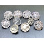 Hallmarked silver buttons Art Nouveau & Roman styles ten in total