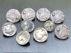 Hallmarked silver buttons Art Nouveau & Roman styles ten in total
