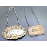 Two Silver hallmarked decanter labels on chains for Whisky and Brandy