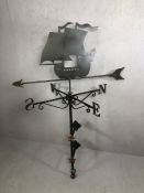 Modern metal black painted weather vane with a sailing ship, approx 163cm tall