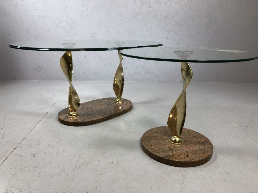 Modern glass oval coffee table on twisted gold coloured legs with marble plinth and matching - Image 2 of 5