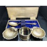 Collection of British hallmarked Silver items to include a pair of shell shaped Salts, napkin ring &