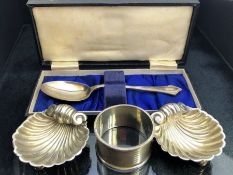 Collection of British hallmarked Silver items to include a pair of shell shaped Salts, napkin ring &