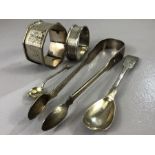 Collection of Hallmarked Silver items to include sugar nips, spoons and napkin rings approx 99g
