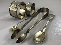 Collection of Hallmarked Silver items to include sugar nips, spoons and napkin rings approx 99g